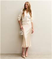 Women's Cream Lace Trim Midi Satin Skirt New Look
