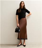 Women's Dark Brown Lace Trim Midi Satin Skirt New Look