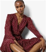 Women's Burgundy Polka Dot Ruffle Midi Dress Apricot New Look