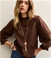 Women's Dark Brown Embroidered 3/4 Sleeve Blouse New Look