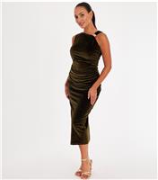 Women's Petite Olive Ruched Velvet Midaxi Dress Quiz New Look