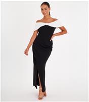 Women's Black Scuba Bardot Ruched Maxi Dress Quiz New Look