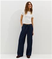 Women's Indigo Wash Denim Drawstring Wide Leg Trousers New Look