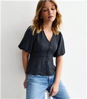 Women's Navy Buttoned Puff Sleeve Tea Blouse New Look