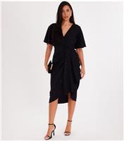 Women's Black Flitter Wrap Ruched Midi Dress Quiz New Look