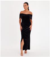Women's Petite Black Velvet Bardot Wrap Dress Quiz New Look