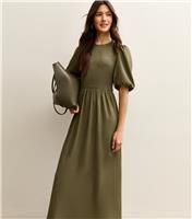 Women's Khaki Textured Jersey Puff Sleeve Smock Midi Dress New Look