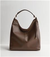 Dark Brown Faux Leather Tassel Hobo Tote Bag Vegan New Look