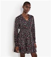 Women's Black Lurex Shirred Floral Dress Apricot New Look
