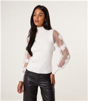 Women's White Lace Sleeve High Neck Jumper Blue Vanilla New Look