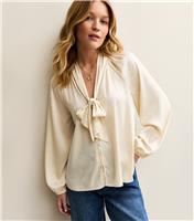Women's Cream Striped Pussybow Neck Blouse New Look
