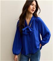 Women's Bright Blue Pussybow Neck Blouse New Look