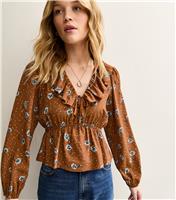 Women's Brown Floral Frill Neck Blouse New Look