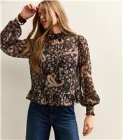 Women's Black Paisley Chiffon Frill Neck Blouse New Look