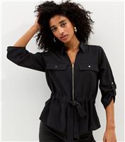 Women's Black Zip Up Cropped Sleeve Shirt New Look