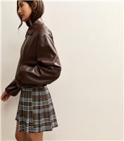 Women's Dark Brown Check Pleated Mini Skirt New Look