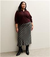 Women's Plus Size Black Satin Striped Bias Cut Midi Skirt Curves New Look