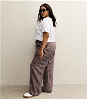 Women's Plus Size Brown Striped Drawstring Wide Leg Trousers Curves New Look