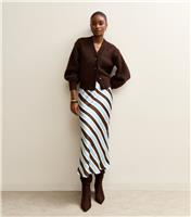 Women's Brown Satin Striped Bias Cut Midi Skirt New Look