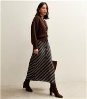 Women's Black Striped Satin Bias Cut Midi Skirt New Look