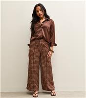 Women's Petite Brown Satin Paisley Wide Leg Trousers New Look
