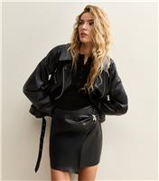 Women's Black Faux Leather Ring Detail Wrap Mini Skirt New Look
