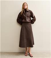 Women's Dark Brown Faux Suede A Line Midi Skirt New Look