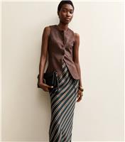 Women's Tall Black Satin Striped Bias Cut Midi Skirt New Look