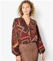 Women's Burgundy Patchwork Ruffle Blouse Apricot New Look