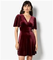 Women's Burgundy Velvet V Neck Empire Mini Dress Apricot New Look