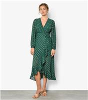 Women's Green Foil Polka Dot Wrap Dress Apricot New Look