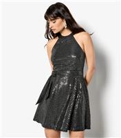 Women's Black Heatseal Halterneck Dress Apricot New Look