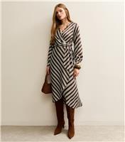 Women's Brown Satin Striped Wrap Midi Dress New Look