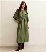 Women's Light Khaki Buttoned Cropped Sleeve Midi Dress New Look