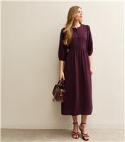 Women's Dark Burgundy Buttoned Cropped Sleeve Midi Dress New Look