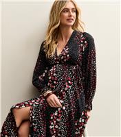 Women's Maternity Black Floral Crepe Wrap Midi Dress New Look