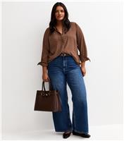 Women's Plus Size Brown Polka Dot Gold Button Shirt Curves New Look