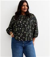 Women's Plus Size Black Ditsy Floral 3/4 Length Sleeve Blouse Curves New Look