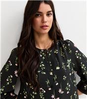 Women's Black Floral Print Crop Sleeve Blouse New Look