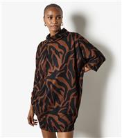 Women's Brown Zebra High Neck Cocoon Dress Apricot New Look