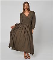 Women's Dark Khaki Long Sleeve Elasticated Waist Maxi Dress Urban Bliss New Look