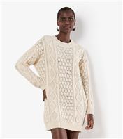 Women's Stone Cable Knit Oversized Jumper Dress Apricot New Look