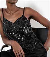 Women's Black Sequin Cami Top Apricot New Look