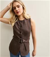 Women's Dark Brown Faux Suede Belted Waistcoat New Look