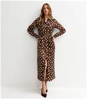 Women's Brown Satin Polka Dot Midi Shirt Dress New Look