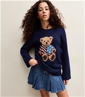 Girls' Navy American Flag Bear Graphic Jumper New Look