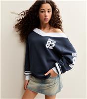 Girls' Navy Boston Off Shoulder Oversized Jumper New Look