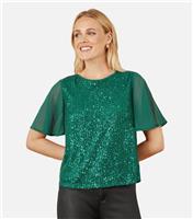 Women's Green Sequin Top Yumi New Look