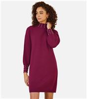Women's Burgundy Faux Pearl Necklace Knit Dress Yumi New Look