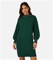 Women's Green Faux Pearl Necklace Knit Dress Yumi New Look
